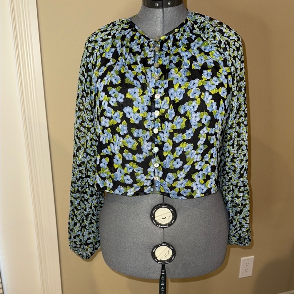 Zara Floral Long Sleeve Cropped Blouse